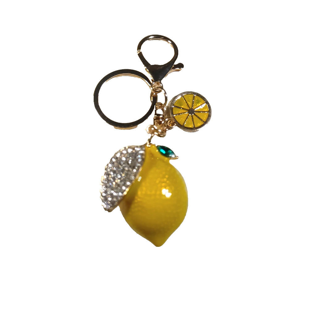 Lemon Keychain Gold Tone Yellow Citrus Rhinestone - Picture 3 of 4